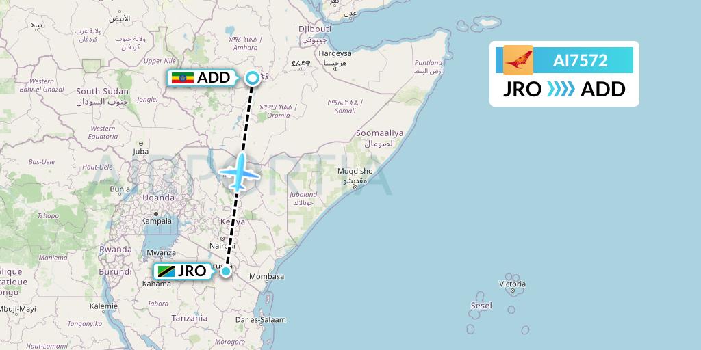 AI7572 Air India Flight Map: Kilimanjaro to Addis Ababa