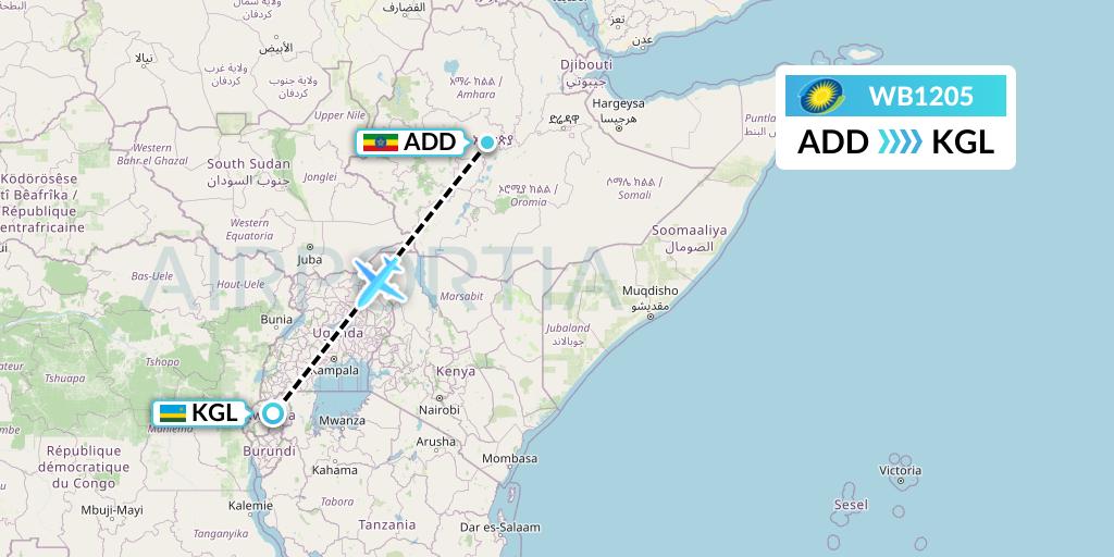 WB1205 RwandAir Flight Map: Addis Ababa to Kigali
