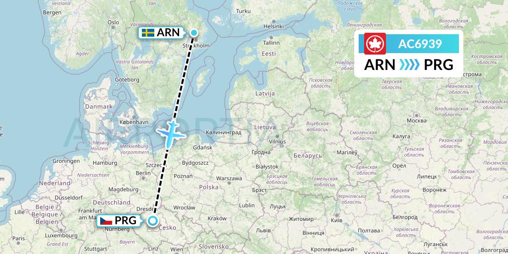 AC6939 Air Canada Flight Map: Stockholm to Prague