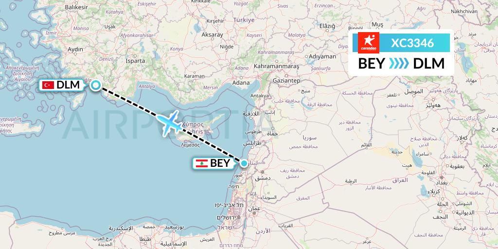 XC3346 Corendon Airlines Flight Map: Beirut to Dalaman