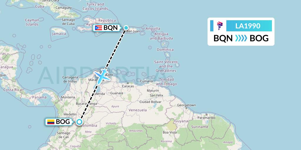 LA1990 LAN Airlines Flight Map: Aguadilla to Bogota
