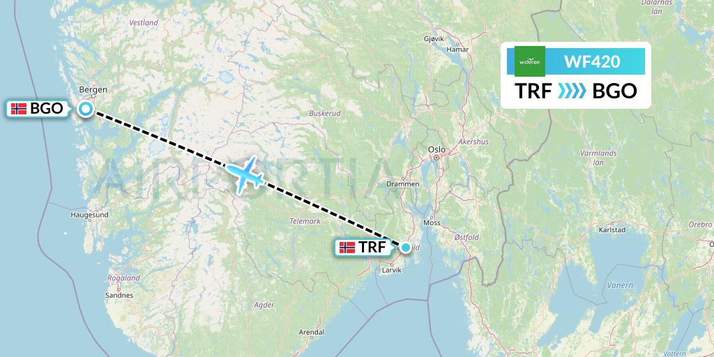 WF420 Wideroe Flight Map: Oslo to Bergen