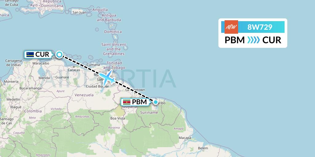 8W729 Fly AllWays Flight Map: Paramaribo to Willemstad