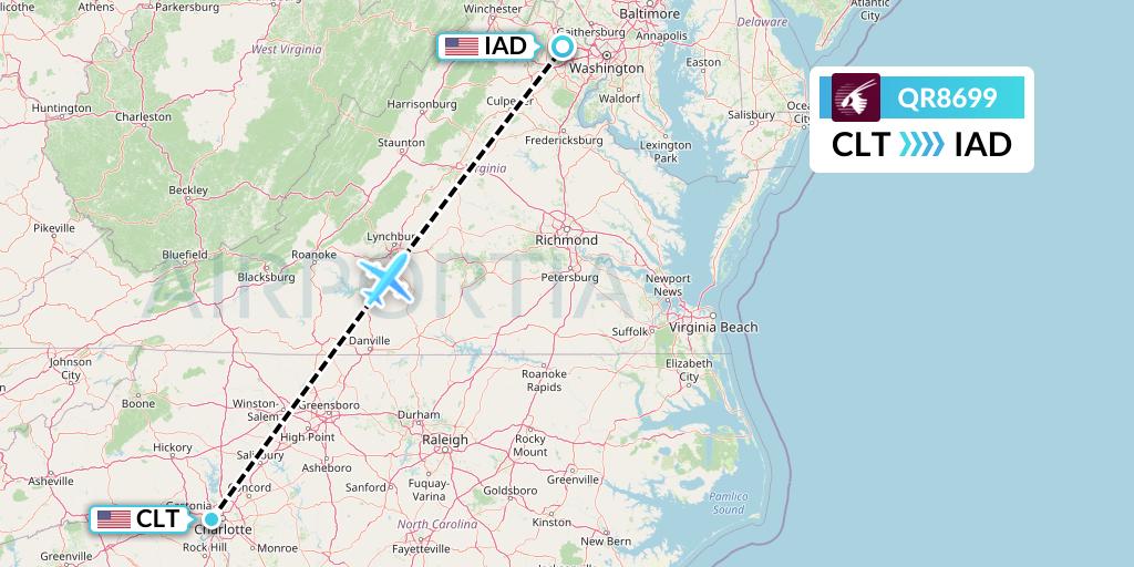 QR8699 Qatar Airways Flight Map: Charlotte to Washington