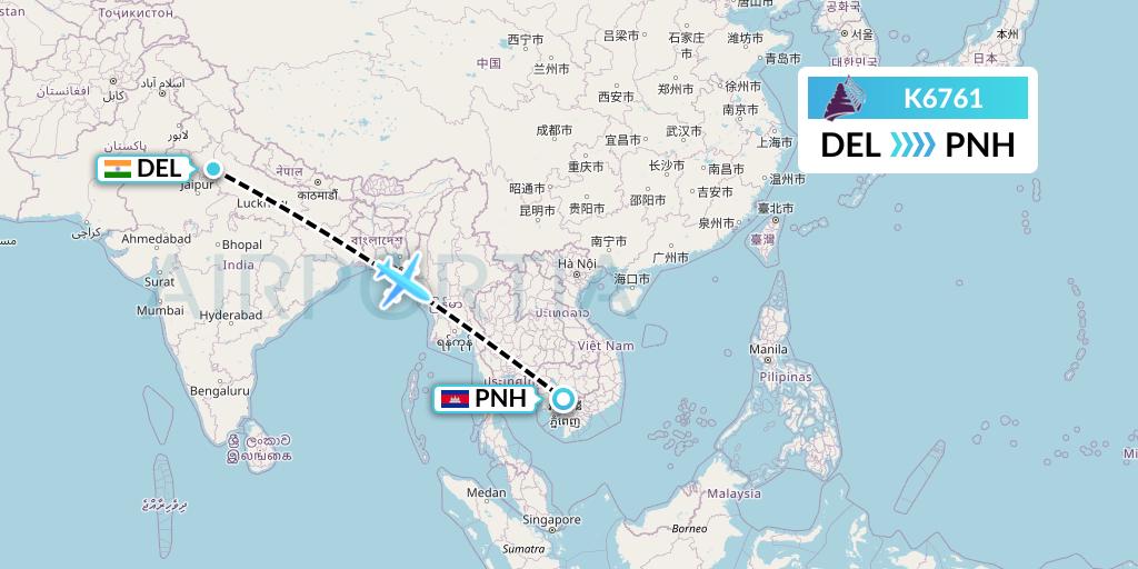 K6761 Cambodia Angkor Air Flight Map: Delhi to Phnom Penh