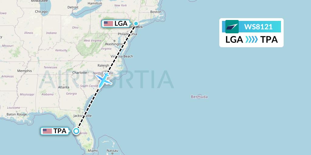 WS8121 WestJet Flight Map: New York to Tampa
