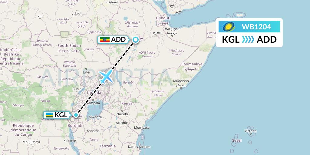 WB1204 RwandAir Flight Map: Kigali to Addis Ababa
