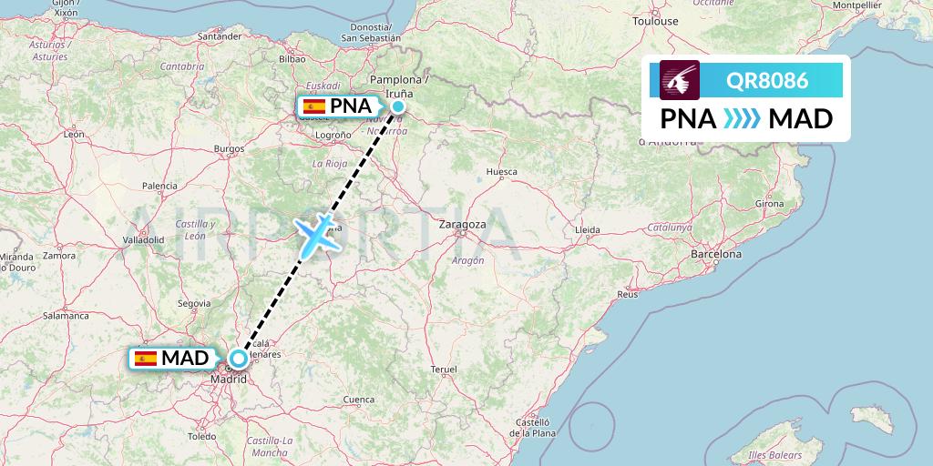 QR8086 Qatar Airways Flight Map: Pamplona to Madrid