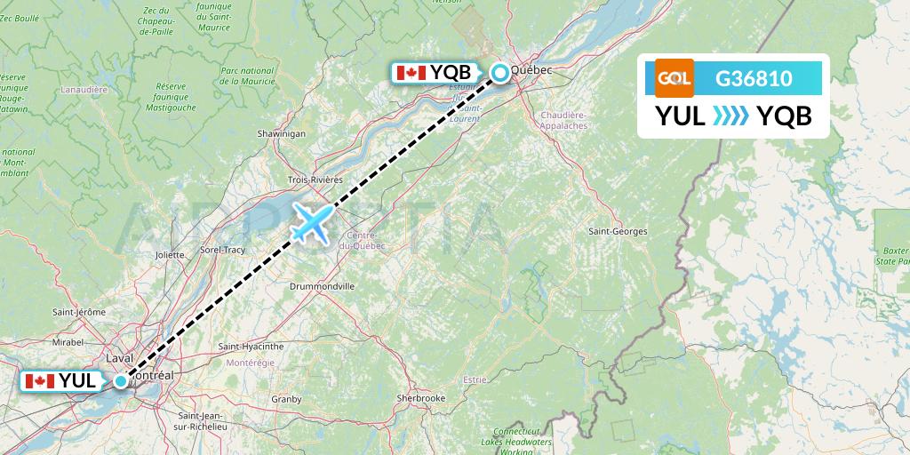 G36810 GOL Transportes Aeros Flight Map: Montreal to Quebec