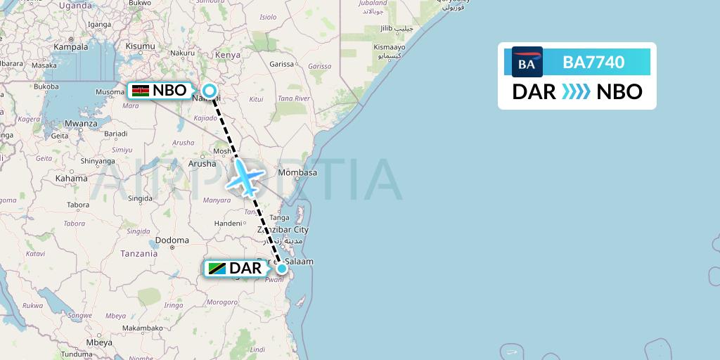 BA7740 British Airways Flight Map: Dar-es-Salaam to Nairobi