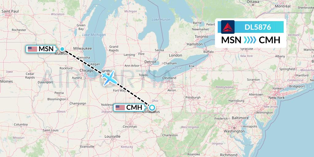 DL5876 Delta Air Lines Flight Map: Madison to Columbus