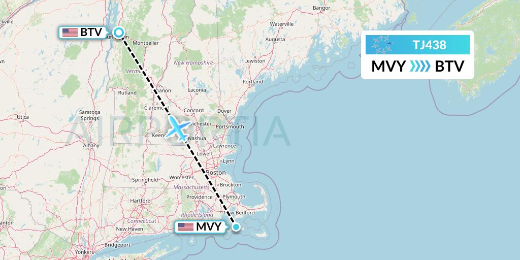TJ438 Tradewind Aviation Flight Map: Martha's Vineyard to Burlington