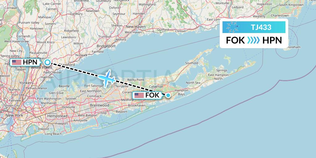 TJ433 Tradewind Aviation Flight Map: Westhampton Beach to White Plains