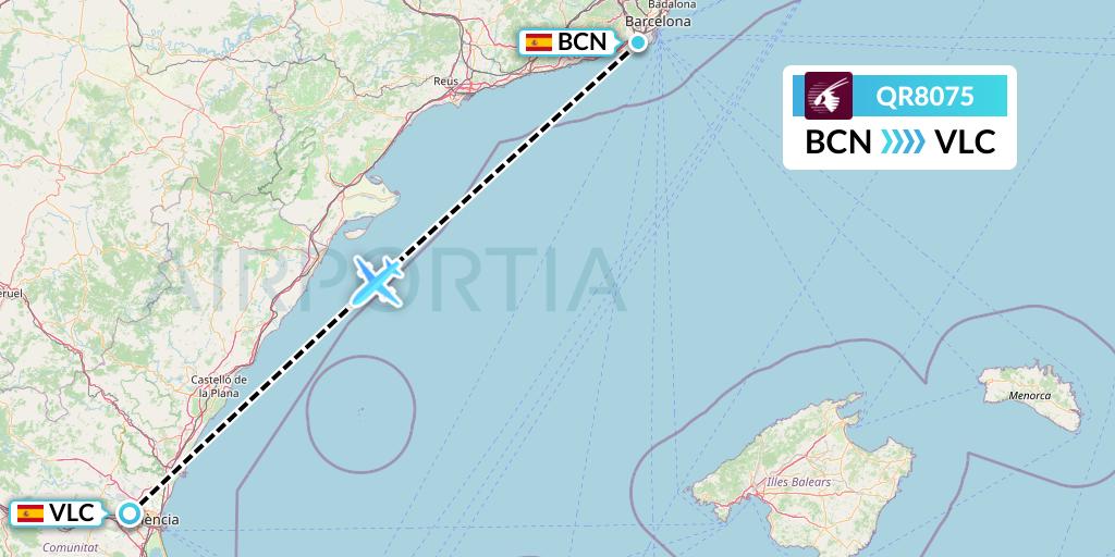 QR8075 Qatar Airways Flight Map: Barcelona to Valencia