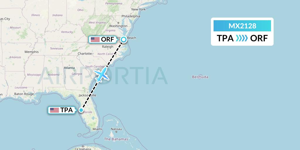 MX2128 Breeze Airways Flight Map: Tampa to Norfolk