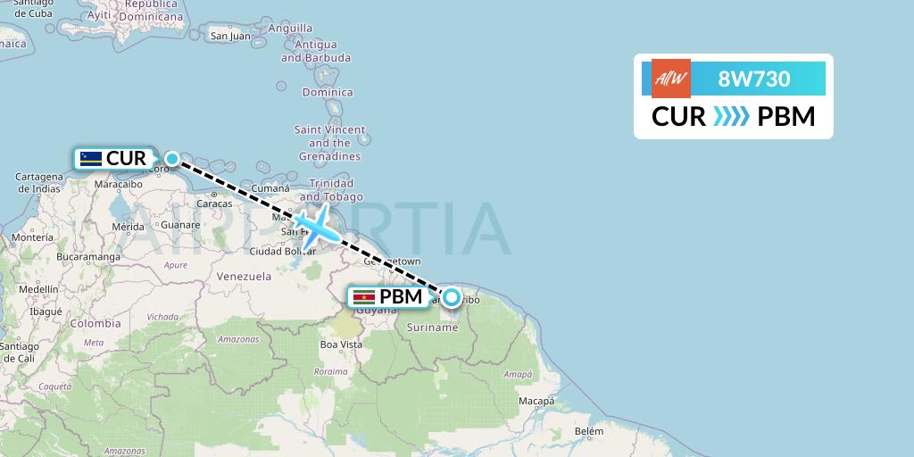 8W730 Fly AllWays Flight Map: Willemstad to Paramaribo
