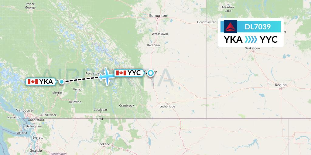 DL7039 Delta Air Lines Flight Map: Kamloops to Calgary