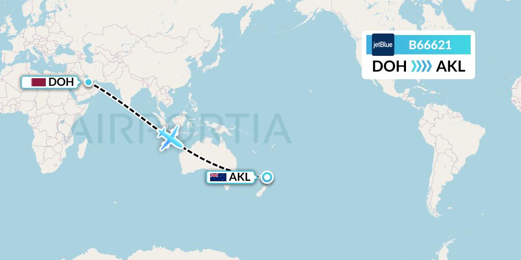 B66621 JetBlue Airways Flight Map: Doha to Auckland