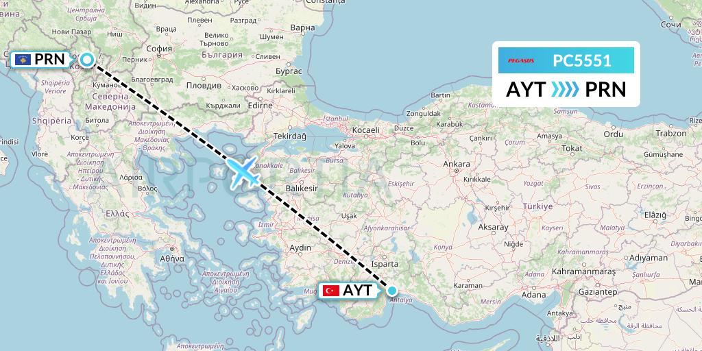 PC5551 Pegasus Airlines Flight Map: Antalya to Pristina