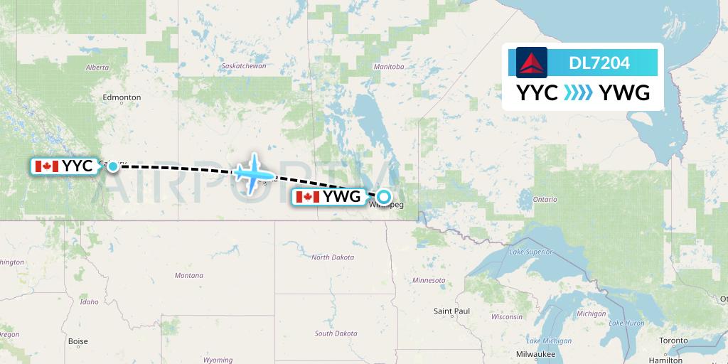 DL7204 Delta Air Lines Flight Map: Calgary to Winnipeg