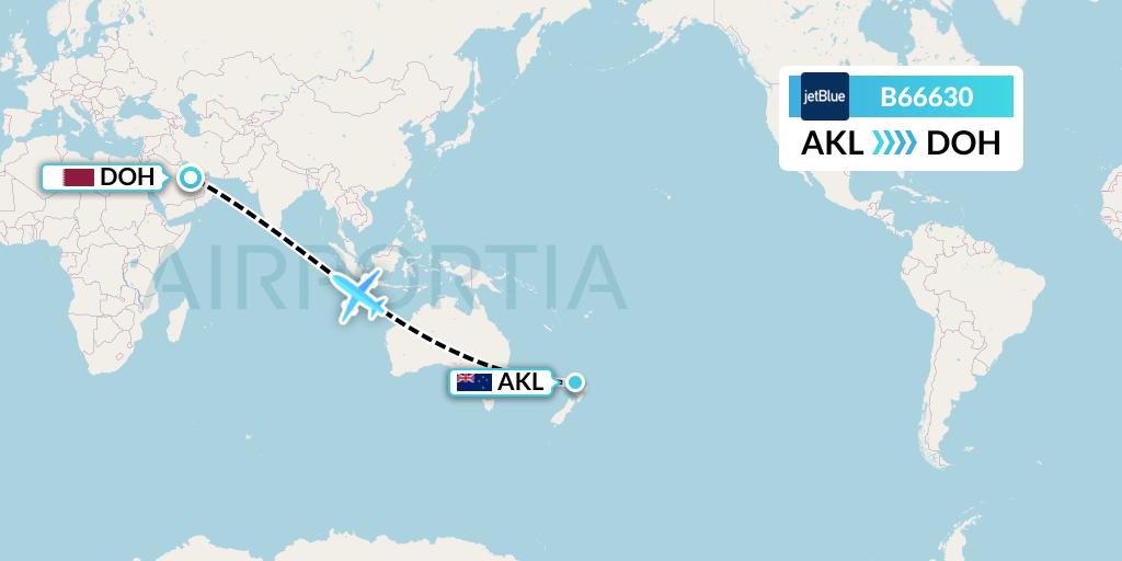 B66630 JetBlue Airways Flight Map: Auckland to Doha