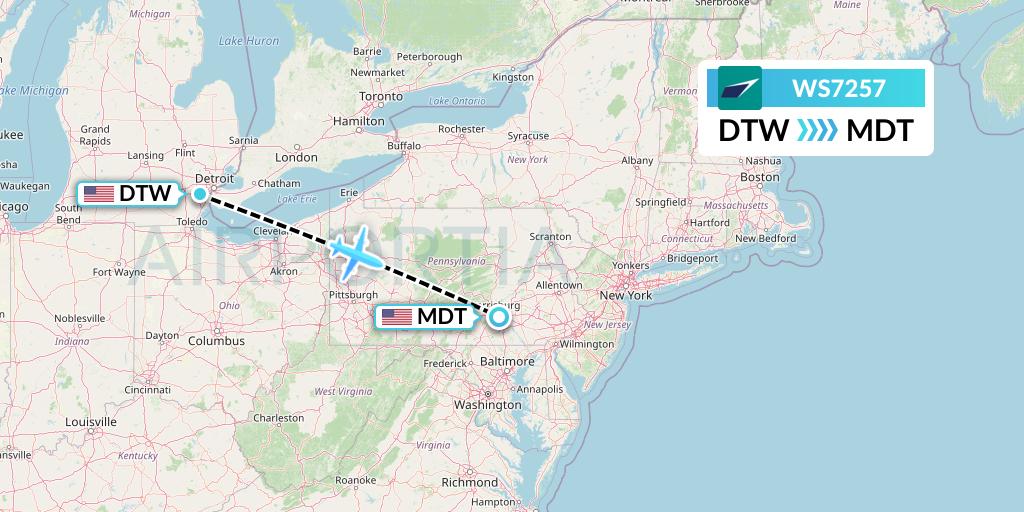 WS7257 WestJet Flight Map: Detroit to Harrisburg