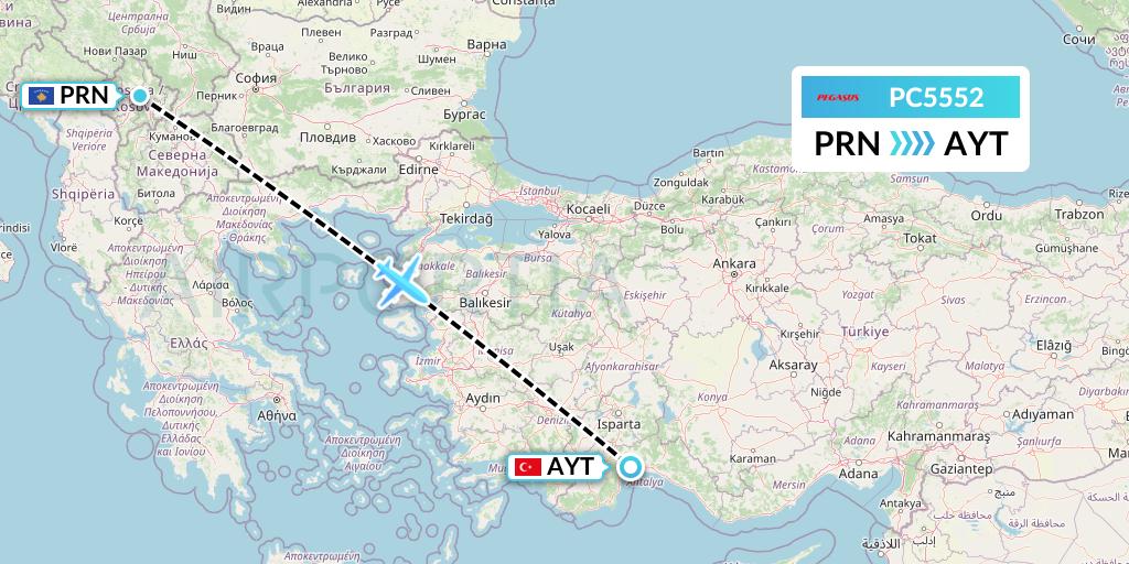 PC5552 Pegasus Airlines Flight Map: Pristina to Antalya