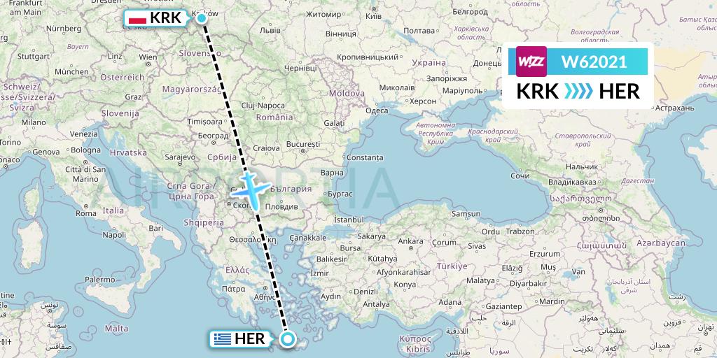 W62021 Wizz Air Flight Map: Krakow to Heraklion