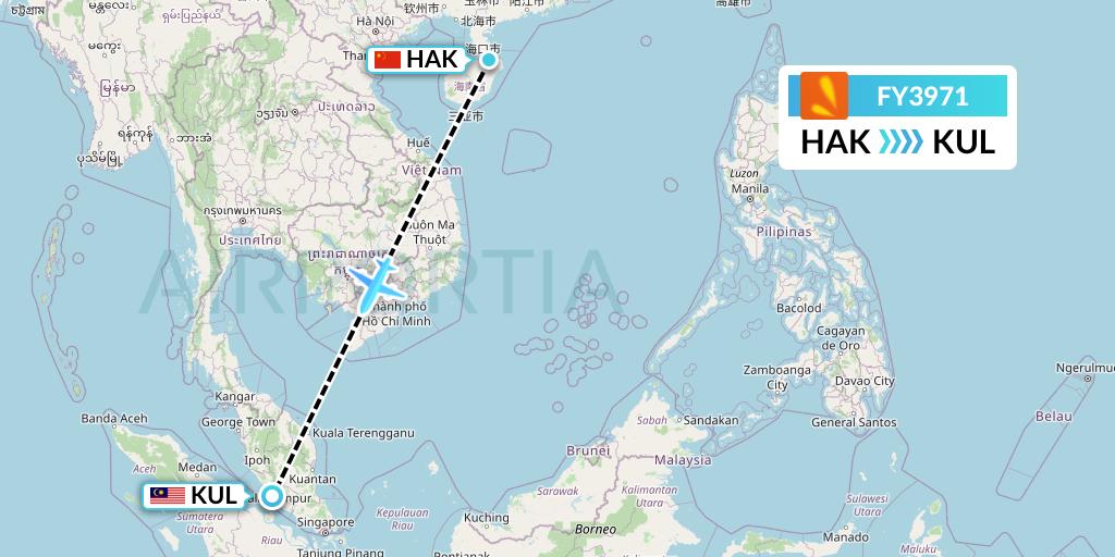 FY3971 Firefly Flight Map: Haikou to Kuala Lumpur