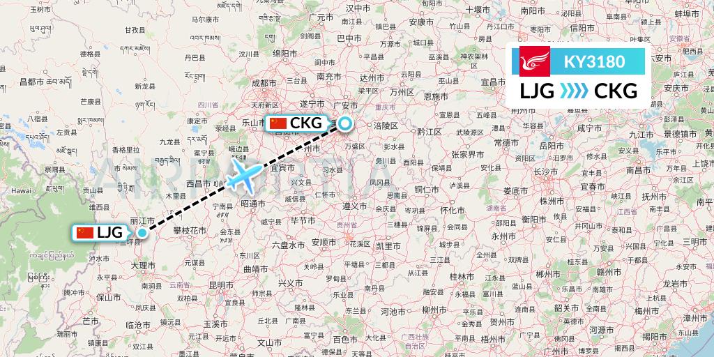 KY3180 Kunming Airlines Flight Map: Lijiang to Chongqing