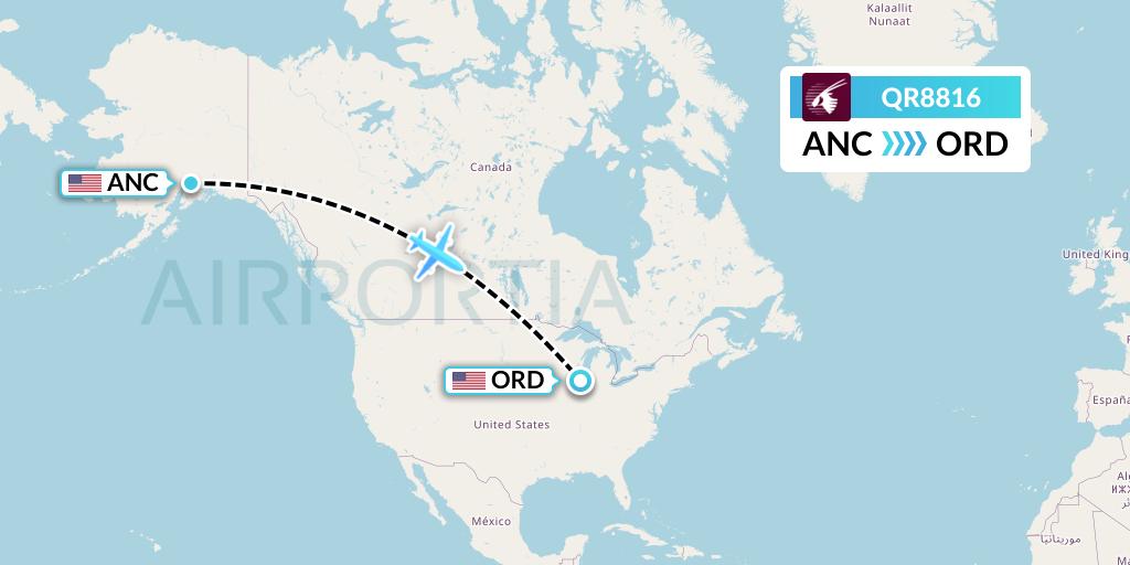 QR8816 Qatar Airways Flight Map: Anchorage to Chicago