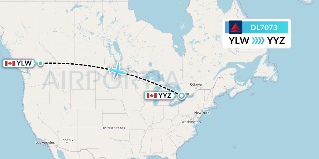 DL7073 Delta Air Lines Flight Map: Kelowna to Toronto