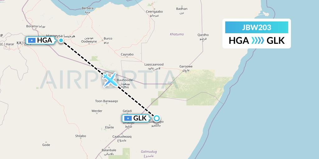 JBW203 Jubba Airways Flight Map: Hargeisa to Galcaio