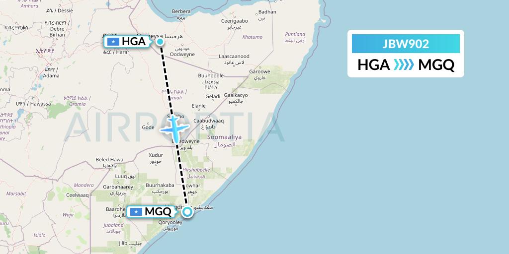 JBW902 Jubba Airways Flight Map: Hargeisa to Mogadishu