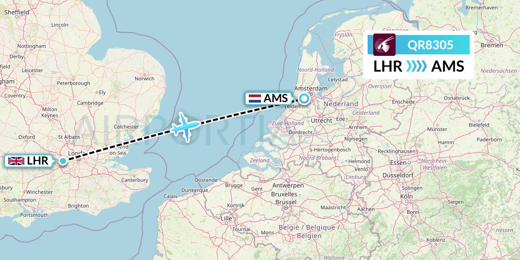QR8305 Qatar Airways Flight Map: London to Amsterdam