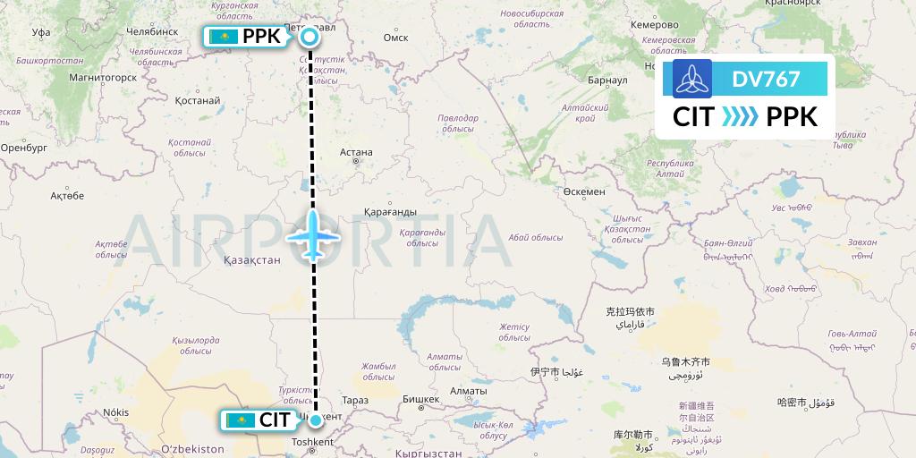 DV767 SCAT Flight Map: Shymkent to Petropavlosk