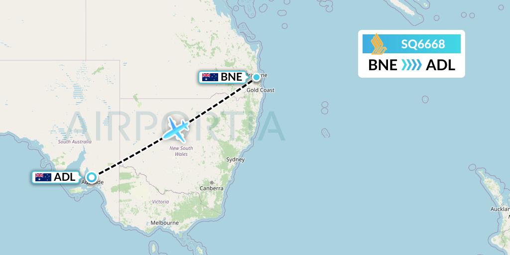 SQ6668 Singapore Airlines Flight Map: Brisbane to Adelaide