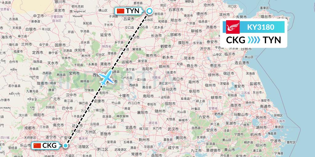 KY3180 Kunming Airlines Flight Map: Chongqing to Taiyuan