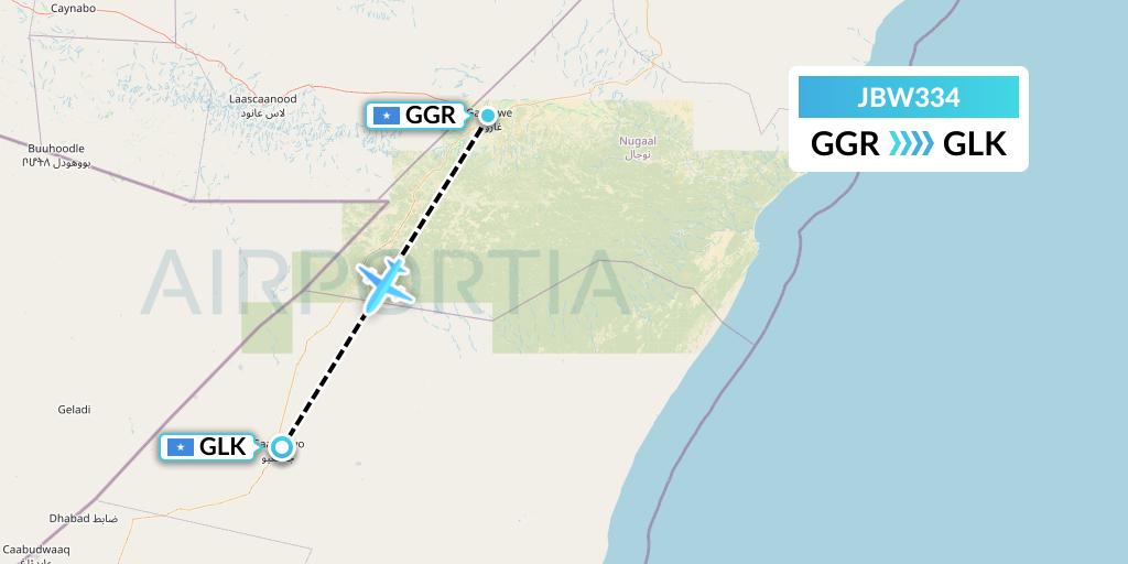 JBW334 Jubba Airways Flight Map: Garoe to Galcaio
