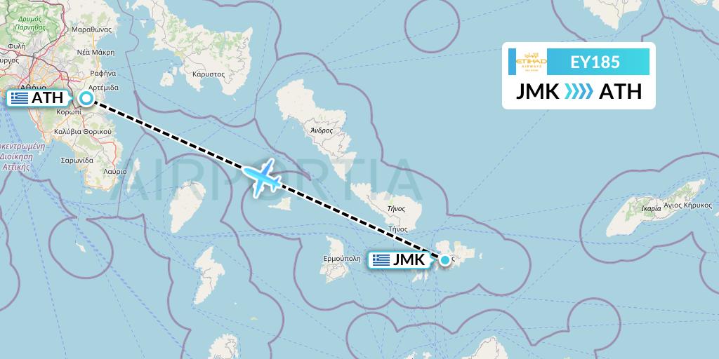 EY185 Etihad Airways Flight Map: Mykonos to Athens