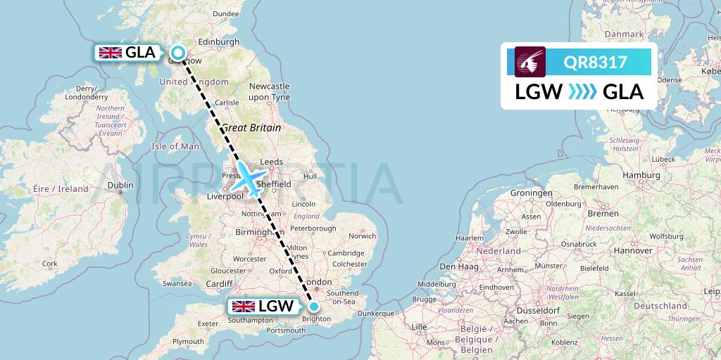 QR8317 Qatar Airways Flight Map: London to Glasgow