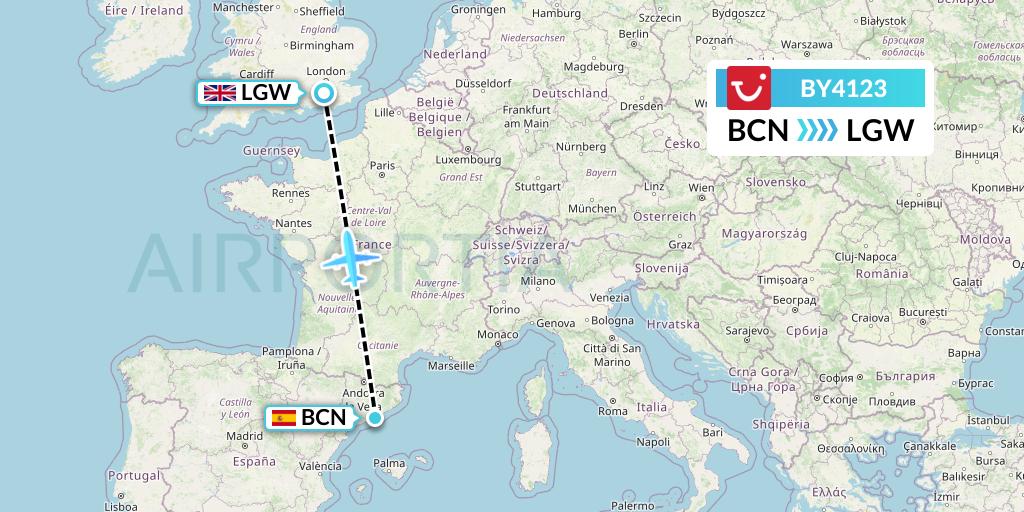 BY4123 TUI Airways Flight Map: Barcelona to London