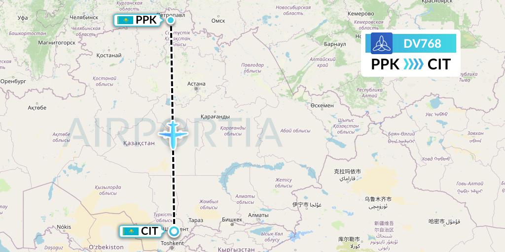 DV768 SCAT Flight Map: Petropavlosk to Shymkent