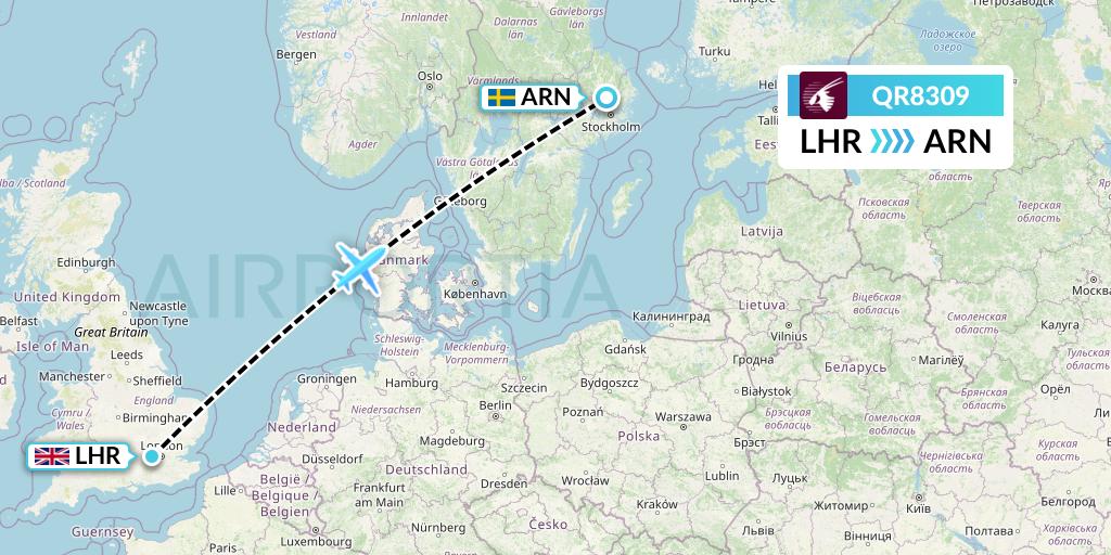 QR8309 Qatar Airways Flight Map: London to Stockholm
