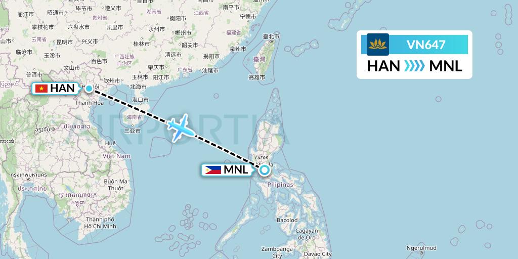 VN647 Vietnam Airlines Flight Map: Hanoi to Manila
