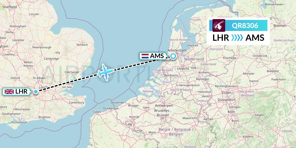 QR8306 Qatar Airways Flight Map: London to Amsterdam