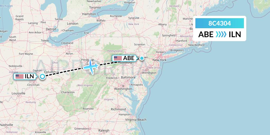 8C4304 Air Transport International Flight Map: Allentown to Wilmington