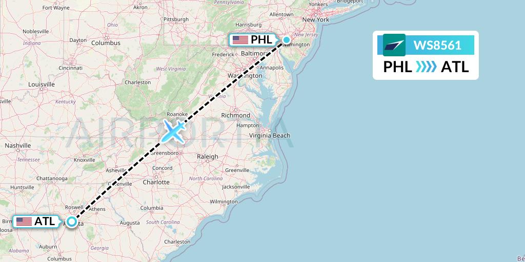 WS8561 WestJet Flight Map: Philadelphia to Atlanta