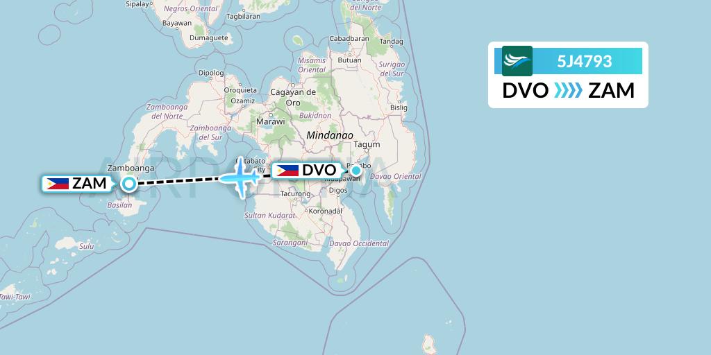 5J4793 CEBU Pacific Air Flight Map: Davao City to Zamboanga