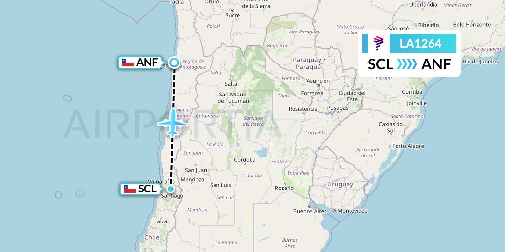 LA1264 LAN Airlines Flight Map: Santiago to Antofagasta